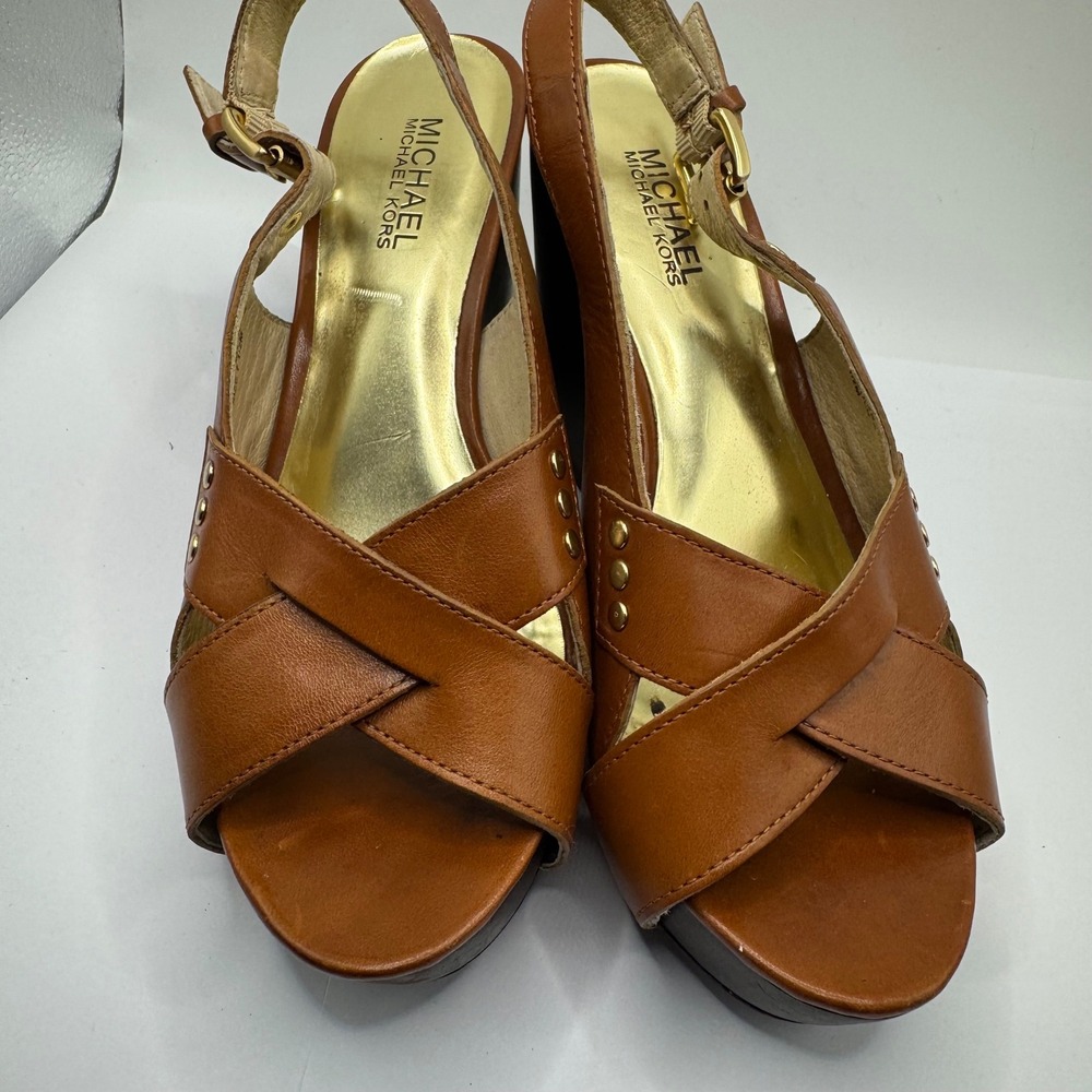 Michael Kors Tan Leather Platform Wedge Sandals Brown Studded Slingback 7.5M - Picture 3 of 7